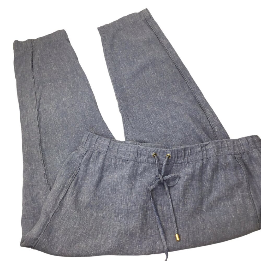 Ellen Tracy Linen Blend Pants Blue Elastic Waist Drawstring Ankle Tapered XL